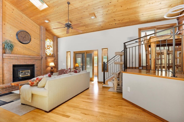 10612 E 46th Ave, Spokane Valley, WA 99206 - living area with wooden ceiling, high vaulted ceiling, wood finished floors, stairway, and ceiling fan