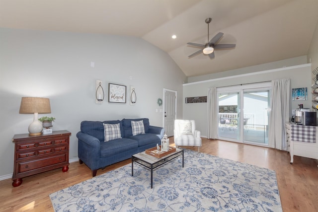 1018 N Fox Rd, Spokane Valley, WA 99206 - living room featuring a ceiling fan, wood finished floors, and high vaulted ceiling