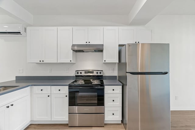 2321 E 7th Avenue 2323E 7Th Ave, Spokane, WA 99202 - kitchen featuring stainless steel appliances, under cabinet range hood, a wall mounted air conditioner, and white cabinetry