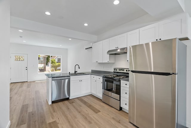 2321 E 7th Avenue 2323E 7Th Ave, Spokane, WA 99202 - kitchen with stainless steel appliances, under cabinet range hood, a wall mounted air conditioner, a peninsula, and white cabinets