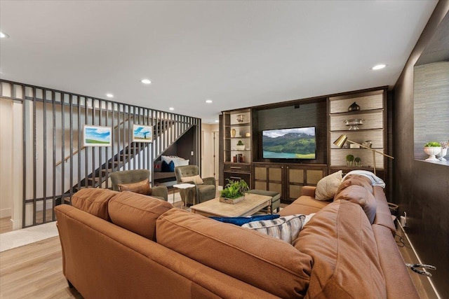 4108 S Greystone Ln, Spokane, WA 99223 - living room with stairs, wood finished floors, recessed lighting, and built in features