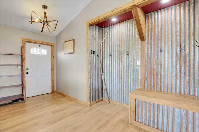 36127 N Hart Rd, Davenport, WA 99122 - entrance foyer featuring wood finished floors, vaulted ceiling, and a chandelier