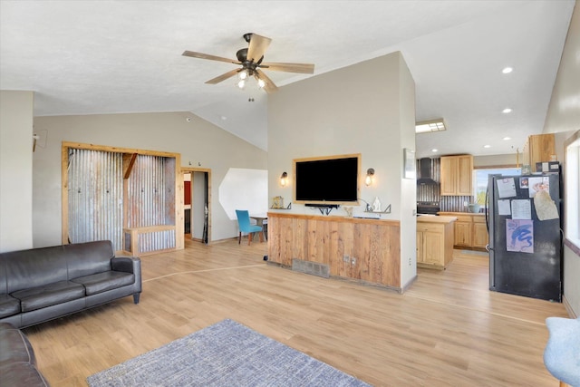 36127 N Hart Rd, Davenport, WA 99122 - living area with ceiling fan, lofted ceiling, light wood-type flooring, and recessed lighting