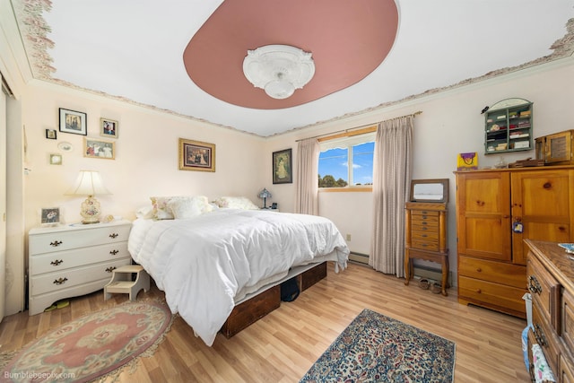 4511 N Stevenson Rd, Otis Orchards, WA 99027 - bedroom with light wood-style floors, a raised ceiling, crown molding, and a baseboard radiator