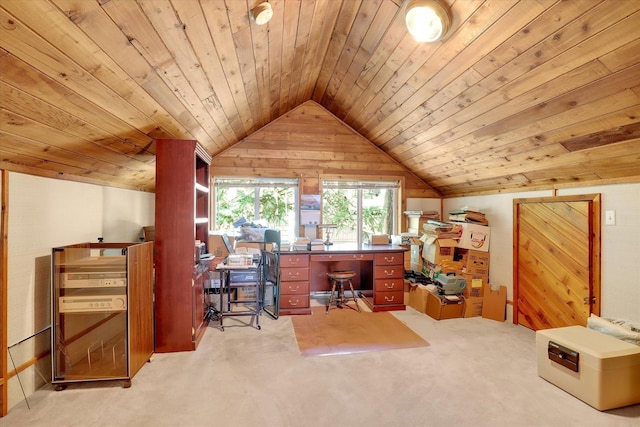 3930 N Deer Lake Rd, Loon Lake, WA 99148 - office area featuring carpet floors, lofted ceiling, wood walls, and wooden ceiling