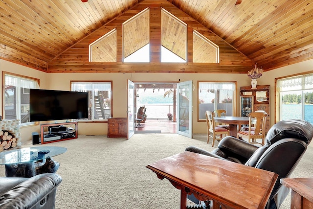 3930 N Deer Lake Rd, Loon Lake, WA 99148 - living room featuring wooden ceiling, carpet floors, and high vaulted ceiling
