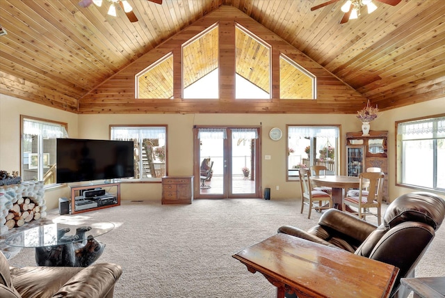 3930 N Deer Lake Rd, Loon Lake, WA 99148 - living room featuring ceiling fan, carpet flooring, wooden ceiling, and high vaulted ceiling