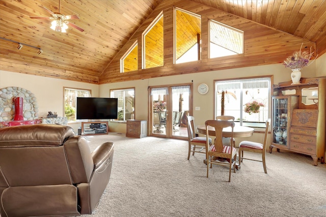 3930 N Deer Lake Rd, Loon Lake, WA 99148 - living area with carpet flooring, wood ceiling, high vaulted ceiling, and a ceiling fan