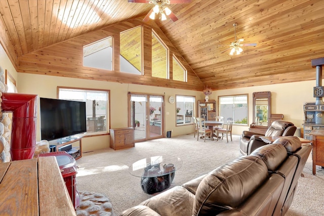 3930 N Deer Lake Rd, Loon Lake, WA 99148 - carpeted living room with ceiling fan, wood ceiling, and high vaulted ceiling
