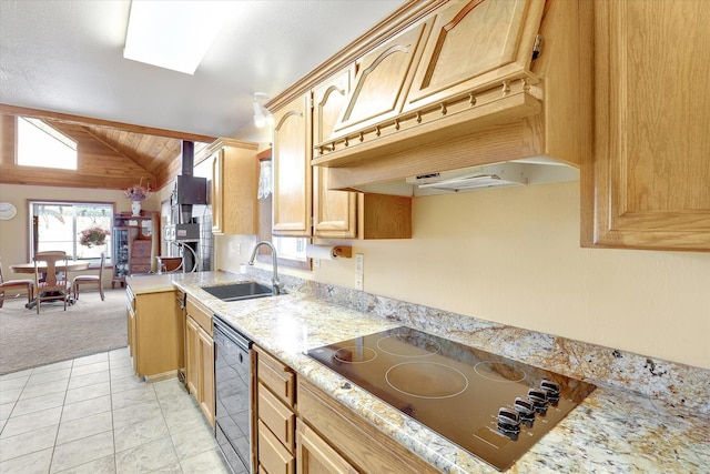 3930 N Deer Lake Rd, Loon Lake, WA 99148 - kitchen with black appliances, custom exhaust hood, light carpet, vaulted ceiling, and light tile patterned flooring