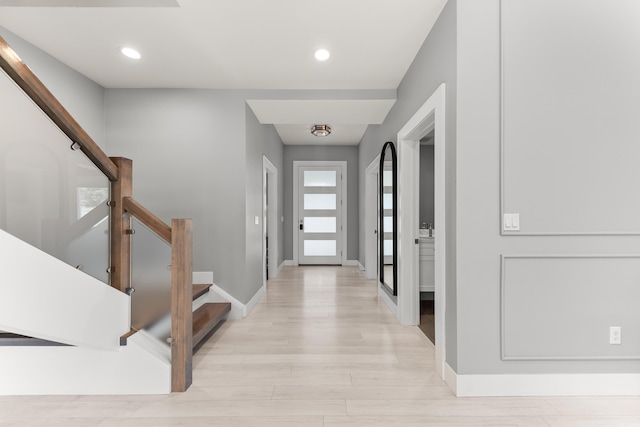 16215 W Coulee Hite Rd, Spokane, WA 99224 - entryway with light wood finished floors, recessed lighting, and stairs
