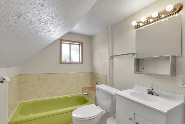 1407 E Broad Ave, Spokane, WA 99207 - bathroom featuring lofted ceiling, a bath, vanity, and a textured ceiling