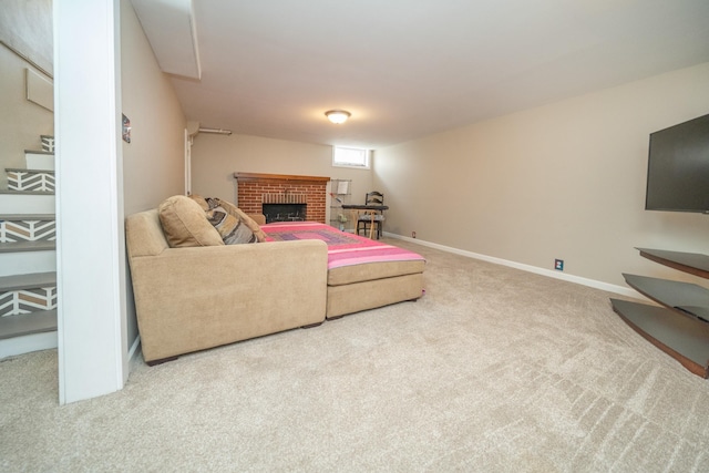 5224 N Post St, Spokane, WA 99204 - carpeted living room with a brick fireplace and baseboards