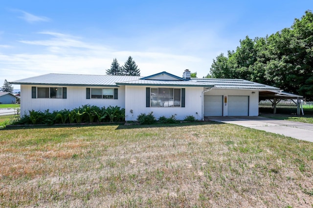 1401 W 1st St, Newport, WA 99156 - ranch-style house featuring an attached garage, a chimney, driveway, a front lawn, and a metal roof