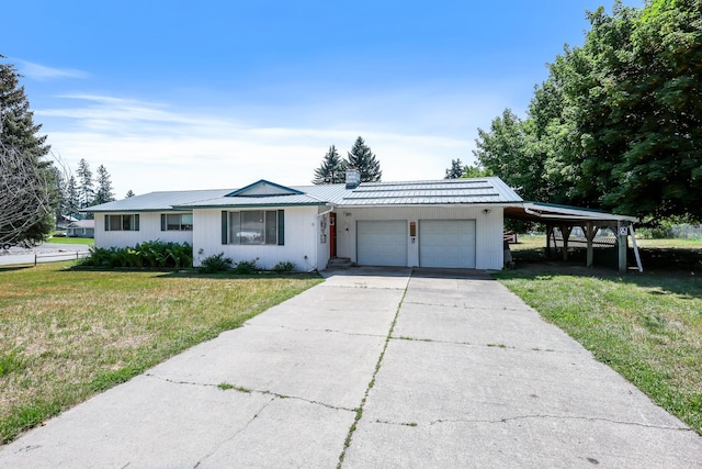 1401 W 1st St, Newport, WA 99156 - ranch-style home featuring an attached garage, a front yard, a metal roof, a chimney, and driveway