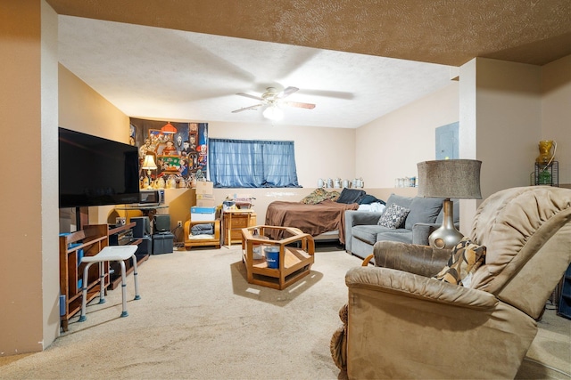 4110 E Ermina Ave, Spokane, WA 99217 - carpeted living area with a ceiling fan and a textured ceiling