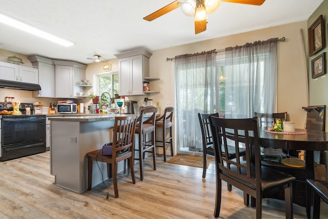 4110 E Ermina Ave, Spokane, WA 99217 - kitchen featuring electric range, open shelves, stainless steel microwave, under cabinet range hood, and light wood-type flooring