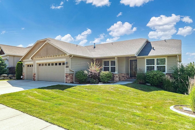 7014 E Columbia Dr, Spokane, WA 99217 - view of front of home featuring a garage, stone siding, driveway, a front lawn, and a shingled roof