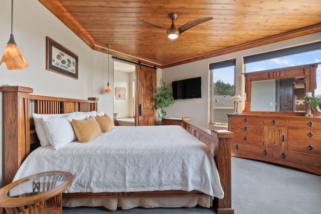 14210 N Wandermere Estates Ln, Spokane, WA 99208 - carpeted bedroom with crown molding, wood ceiling, and a barn door