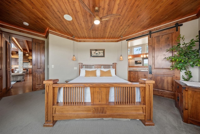 14210 N Wandermere Estates Ln, Spokane, WA 99208 - bedroom with ornamental molding, dark carpet, and wood ceiling