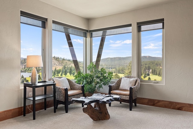 14210 N Wandermere Estates Ln, Spokane, WA 99208 - sitting room with carpet, a textured wall, and a mountain view