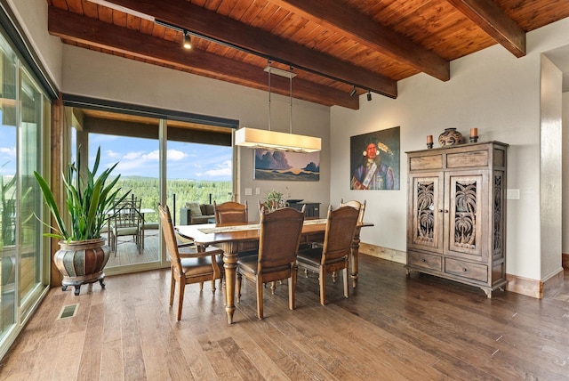 14210 N Wandermere Estates Ln, Spokane, WA 99208 - dining space with a wood ceiling with exposed beams, hardwood / wood-style flooring, and rail lighting