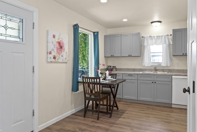 10124 N Wellen Ln, Spokane, WA 99218 - kitchen featuring dishwasher, gray cabinetry, wood finished floors, light countertops, and recessed lighting