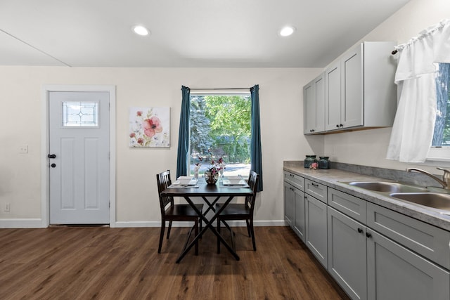 10124 N Wellen Ln, Spokane, WA 99218 - kitchen with gray cabinets, dark wood finished floors, recessed lighting, and light countertops