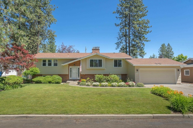 11912 N Atlantic St, Spokane, WA 99218 - raised ranch with an attached garage, a front lawn, driveway, and a chimney