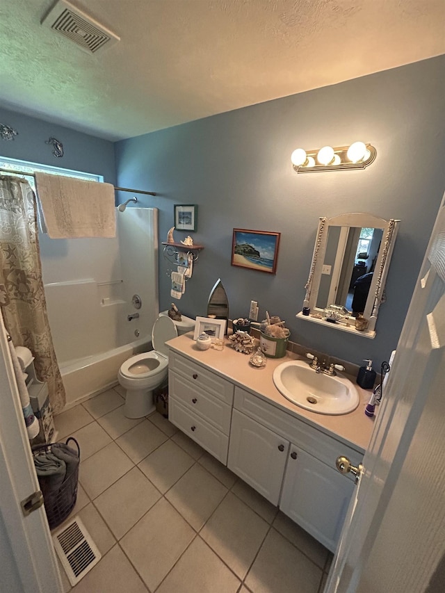 603 W Dennison-Chattaroy Rd, Deer Park, WA 99006 - bathroom featuring tile patterned floors, vanity, shower / bathtub combination with curtain, and a textured ceiling