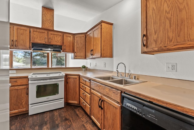 3707 S Alder Ct, Spokane, WA 99223 - kitchen featuring white range with electric cooktop, dishwasher, under cabinet range hood, brown cabinets, and dark wood-style floors