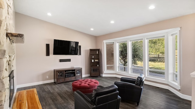 17207 N Mt Spokane Park Dr, Mead, WA 99021 - living area with dark wood finished floors, lofted ceiling, a fireplace, and recessed lighting