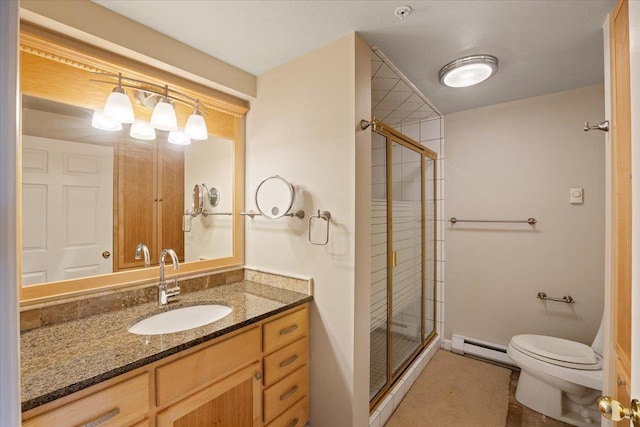 639 N Riverpoint Blvd Unit J201/J202, Spokane, WA 99202 - full bathroom featuring a baseboard heating unit, a shower stall, and vanity