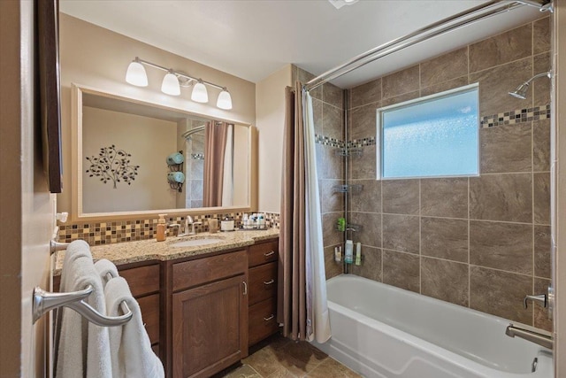 2515 E 38th Ave, Spokane, WA 99223 - bathroom with shower / tub combo with curtain, vanity, and tasteful backsplash