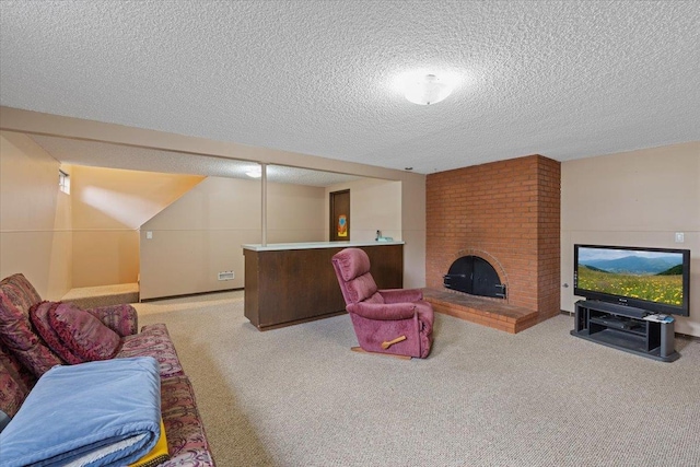 2515 E 38th Ave, Spokane, WA 99223 - carpeted living room featuring a textured ceiling and a fireplace