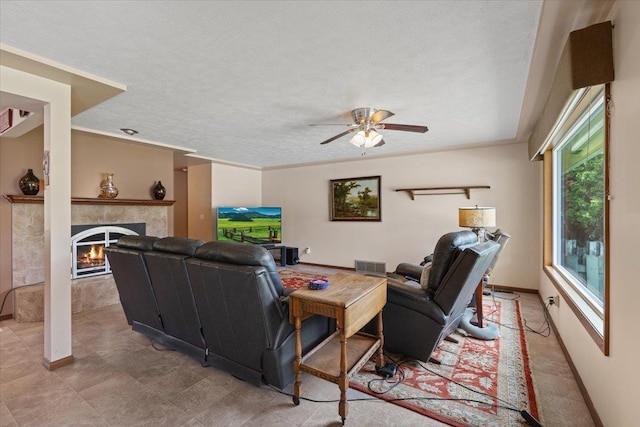 2515 E 38th Ave, Spokane, WA 99223 - living area featuring a ceiling fan, a fireplace, and a textured ceiling