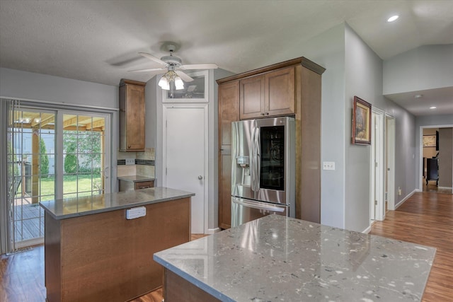 4318 N Upland Ct, Spokane Valley, WA 99216 - kitchen featuring stainless steel fridge with ice dispenser, a center island, wood finished floors, ceiling fan, and recessed lighting
