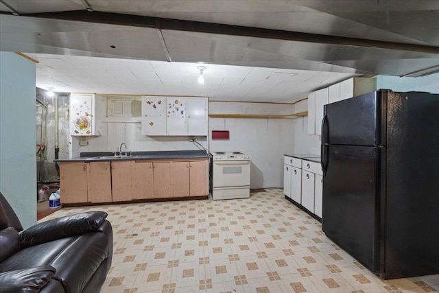 34 E Euclid Ave, Spokane, WA 99207 - kitchen featuring freestanding refrigerator, white electric stove, dark countertops, and light flooring
