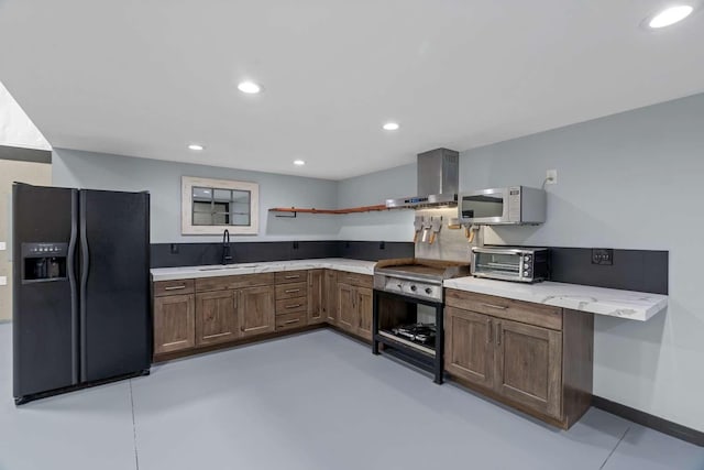 201 Dilling Ln, Cusick, WA 99119 - kitchen featuring black fridge with ice dispenser, wall chimney exhaust hood, electric stove, open shelves, and recessed lighting