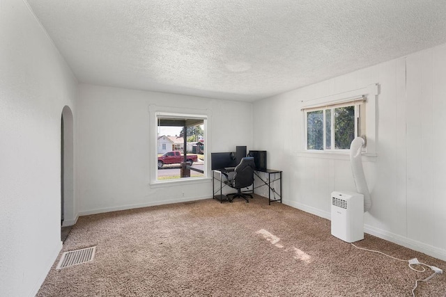 1019 E Everett Ave, Spokane, WA 99207 - carpeted home office featuring arched walkways, a textured ceiling, and plenty of natural light