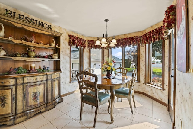 3333 N Ashton Rd, Otis Orchards, WA 99027 - dining area with wallpapered walls, light tile patterned floors, and a chandelier