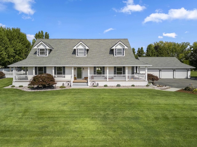 3333 N Ashton Rd, Otis Orchards, WA 99027 - cape cod house featuring a porch, a shingled roof, a front yard, asphalt driveway, and a garage