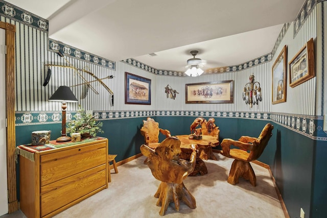 3333 N Ashton Rd, Otis Orchards, WA 99027 - living area featuring wallpapered walls, carpet, a wainscoted wall, and ceiling fan