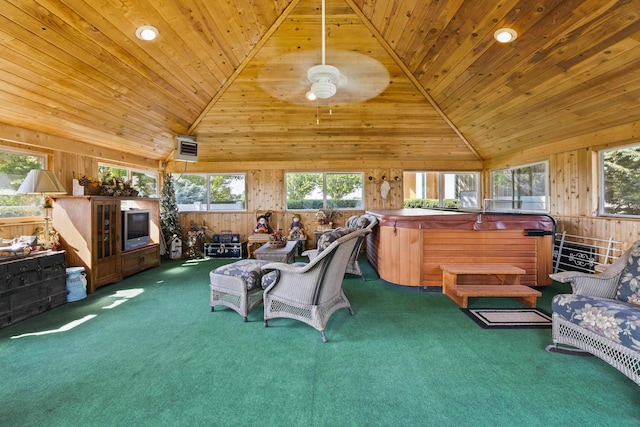 3333 N Ashton Rd, Otis Orchards, WA 99027 - living area featuring vaulted ceiling, wood ceiling, wooden walls, and carpet flooring