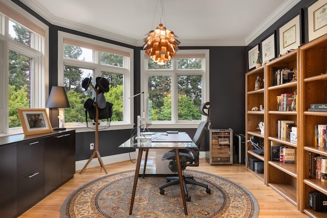 1807 E Pinegate Ln, Spokane, WA 99224 - office with light wood-type flooring, crown molding, and a chandelier