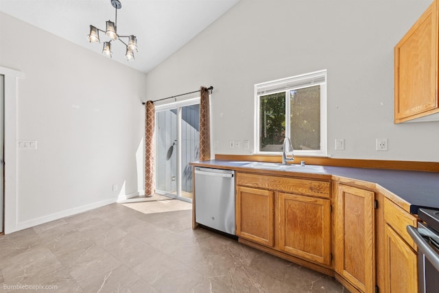 19322 E Flat Rock River Ln, Greenacres, WA 99016 - kitchen with dishwasher, high vaulted ceiling, a chandelier, brown cabinets, and pendant lighting
