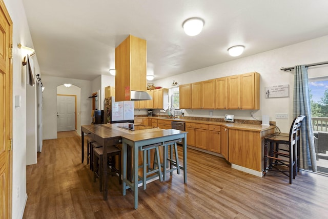 20902 S Ritchey Rd, Spokane, WA 99004 - kitchen with arched walkways, under cabinet range hood, wood finished floors, and light countertops