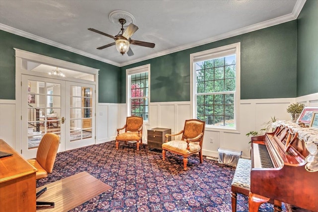 6808 S Jackson Ridge Ln, Greenacres, WA 99016 - office featuring french doors, a wainscoted wall, crown molding, a decorative wall, and ceiling fan