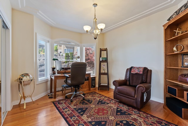 8708 E Redwood Ln, Spokane, WA 99217 - office with light wood-style floors and a chandelier
