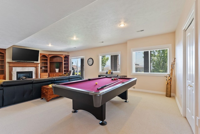 8708 E Redwood Ln, Spokane, WA 99217 - game room with light colored carpet, billiards table, a glass covered fireplace, and recessed lighting